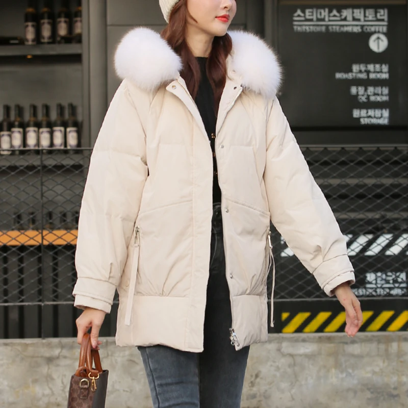 Winter Hooded Big Fur Collar Down Jacket Cotton Padded Parka Loose Warm Snow Windbreaker Jacket Warm Waterproof Outwear