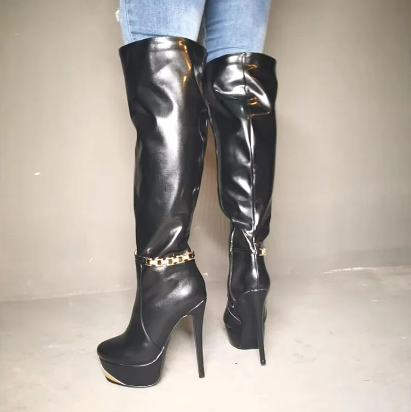 Sexy Metal Chains Buckled Golden Platform Knee Boots Women Black Leather Knight Boots Gladiator Super Thin High Heels Boots