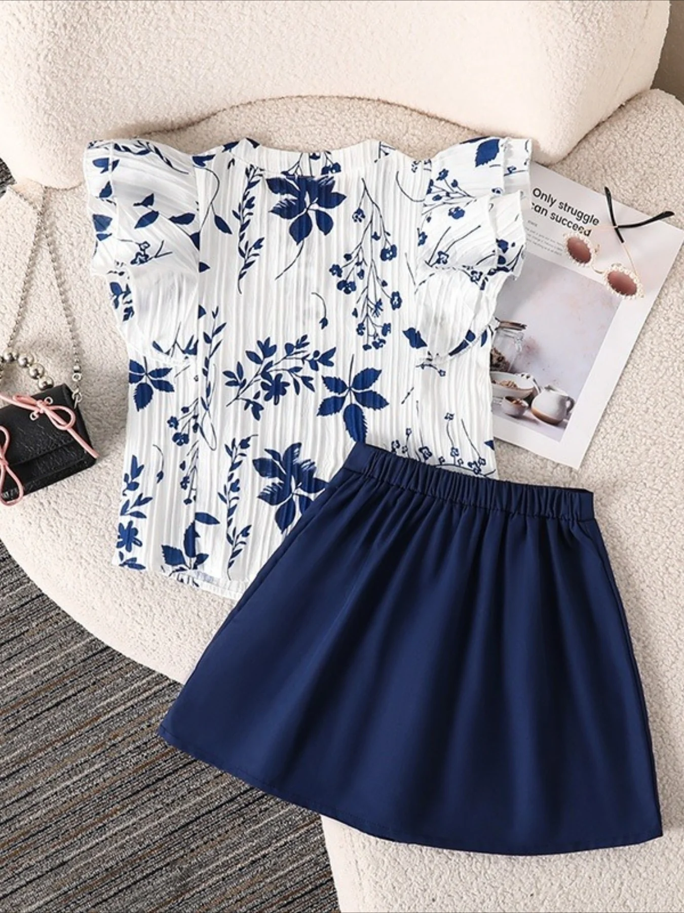 New Summer Fashion Printed Lotus Leaf Sleeve Top and Skirt for Children's Outfit, Girls' Set