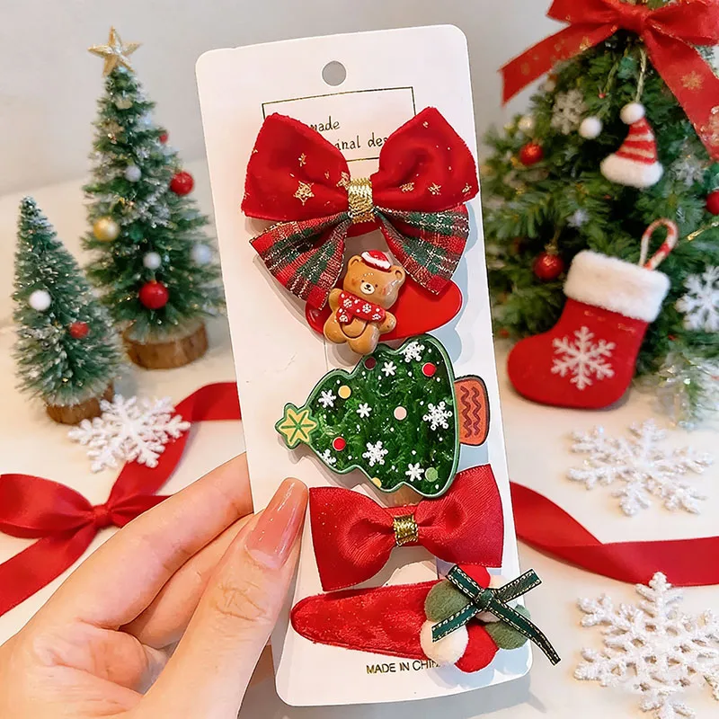 Economic 5Pcs/Pack Bow Hair Clip Women Christmas Holiday Luck Red Velvet Snowman Tree Atmosphere Hairwear Cute Children Trinket