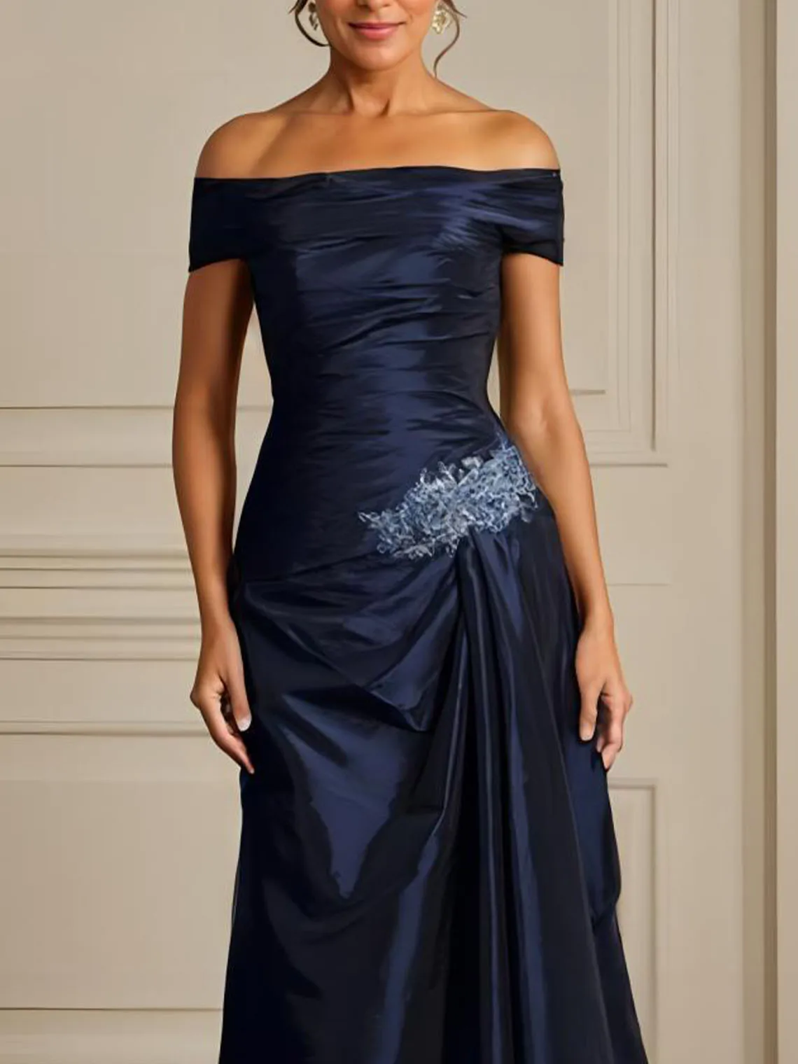 Elegant A-Line Prom Gown Off-the-Shoulder Satin Appliques Cap Sleeve Sweep/Brush Train Formal Evening Dress 2025 Free Customized