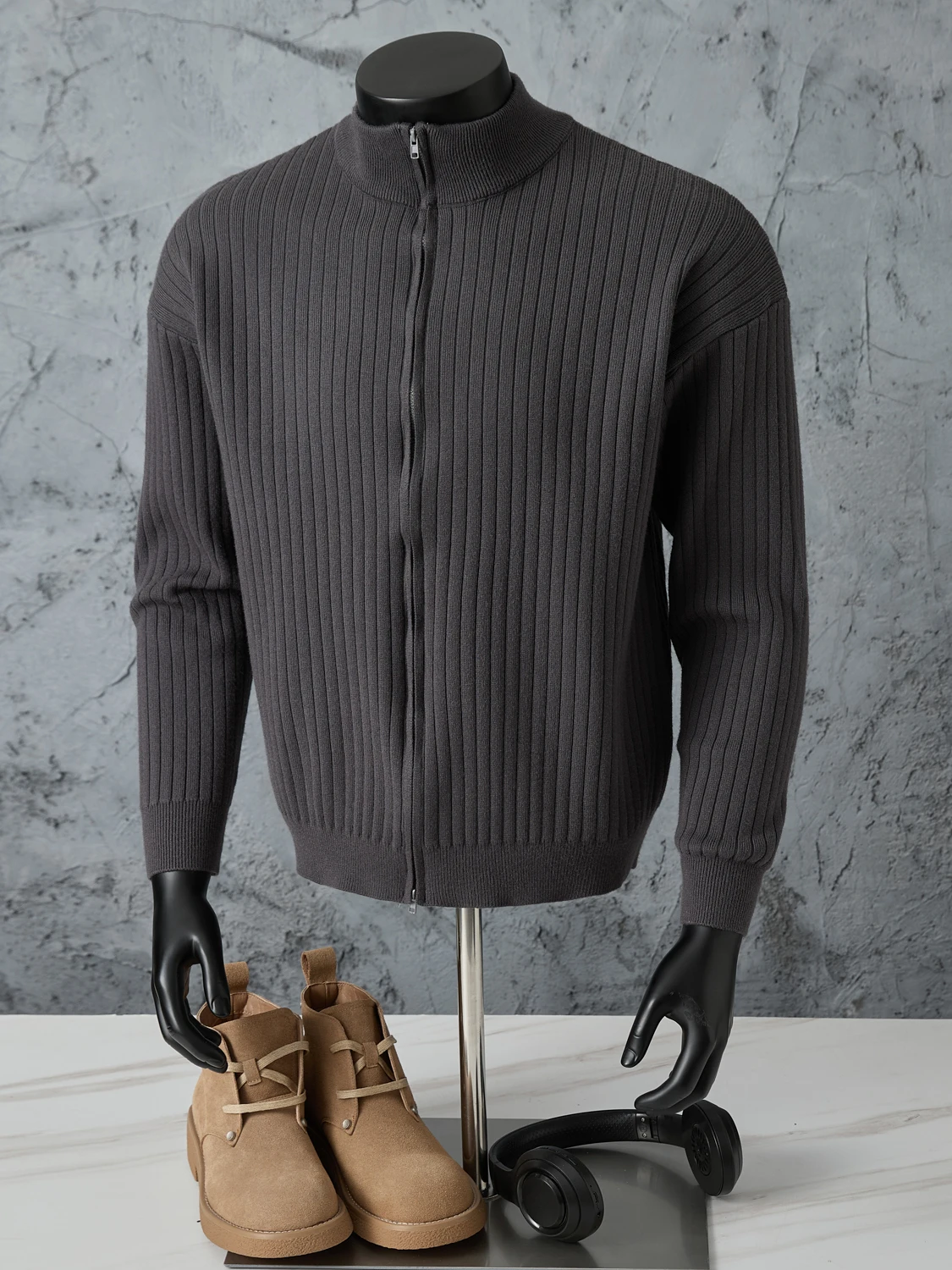 

Мужской вязаный свитер на молнии с воротником-стойкой, приталенный, повседневная верхняя одежда из полиэфирного волокна, теплый, с длинными рукавами