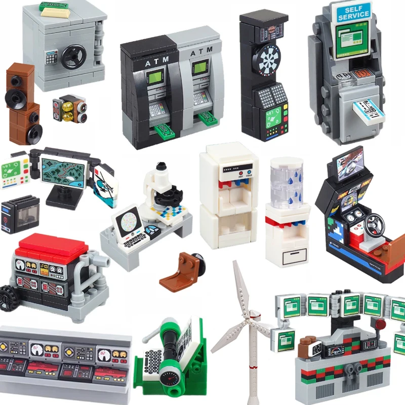 MOC City Building Blocks ATM Audio Coffee Machine Engine Console Computer Game Racing Machine Microscope Assembly Bricks Toy T06