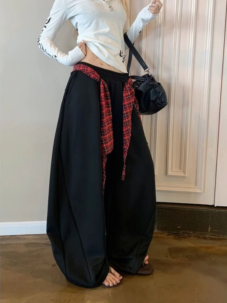 Women's Checkered Fabric Vintage Hip-hop Sweatpants Unisex Summer Girl Pants Wide Leg Bottoms Female High Waisted Baggy Trousers