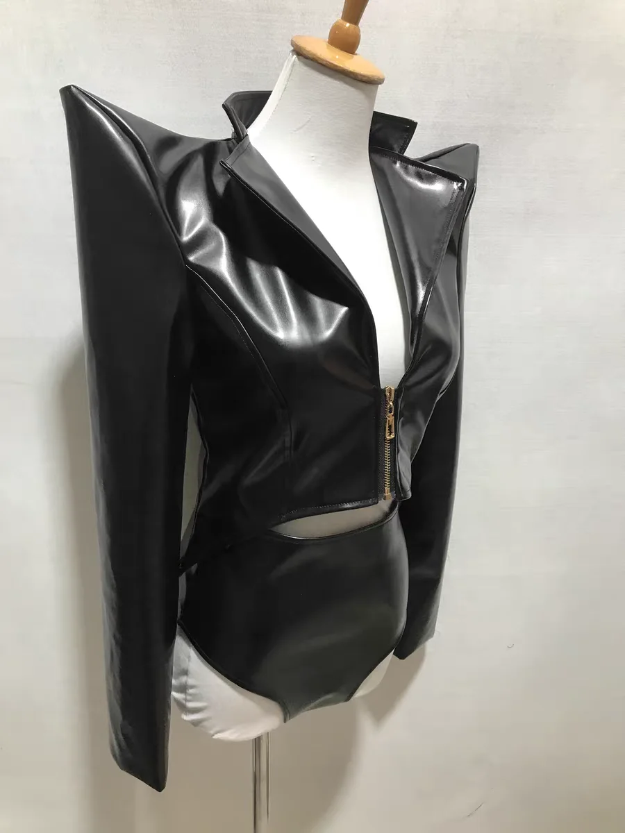 Black Stretch PU cropped shoulder Pad Leather Jacket Nightclub Female Singer Gogo Ds Stage Performance Outfit