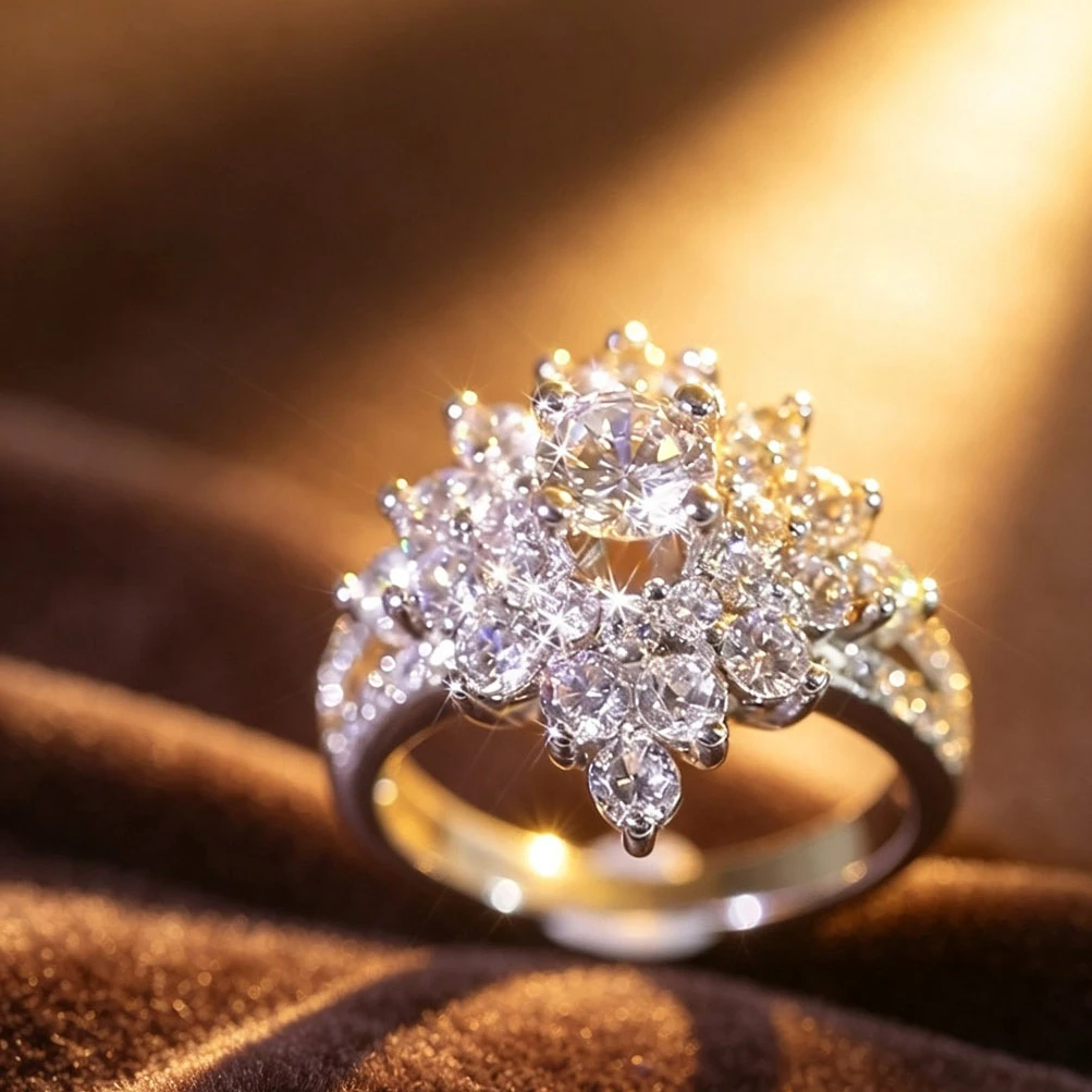 1 Pc Flower Cluster Round Cubic Zirconia Ring Wedding Promise Ring, Ladies Fine Party Jewelry Accessories Daily Decor Valentine's Day Gifts
