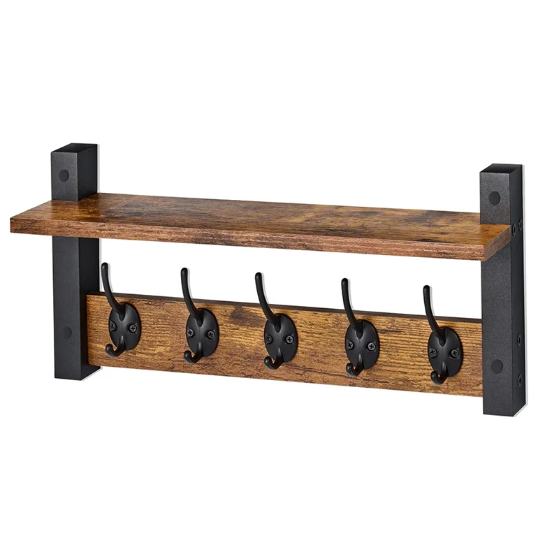

Floating Wall Shelf With Hooks-Heavy Duty Coat Rack Wall Mount With 5 Hooks Shelf