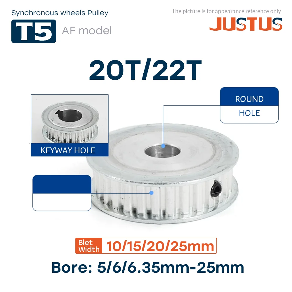 T5 AF Model 20 Teeth 22 Teeth Synchronous Wheels Bore 5/6/6.35-25mm Teeth Pitch 5mm For T5 Rubber Belt Width 10/15/20/25mm