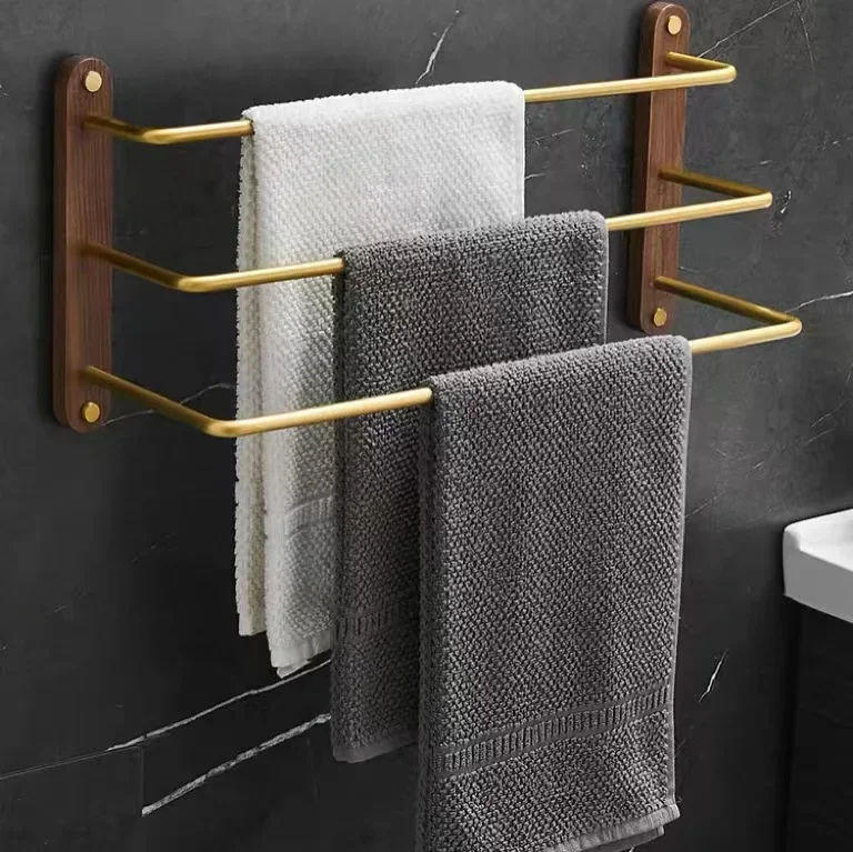 Bathroom Wood Aluminum Towel Hanger Wall Mounted Towel Rack Wood Towel Bar Rail for Bedroom Corner，Brass Hanging Rod