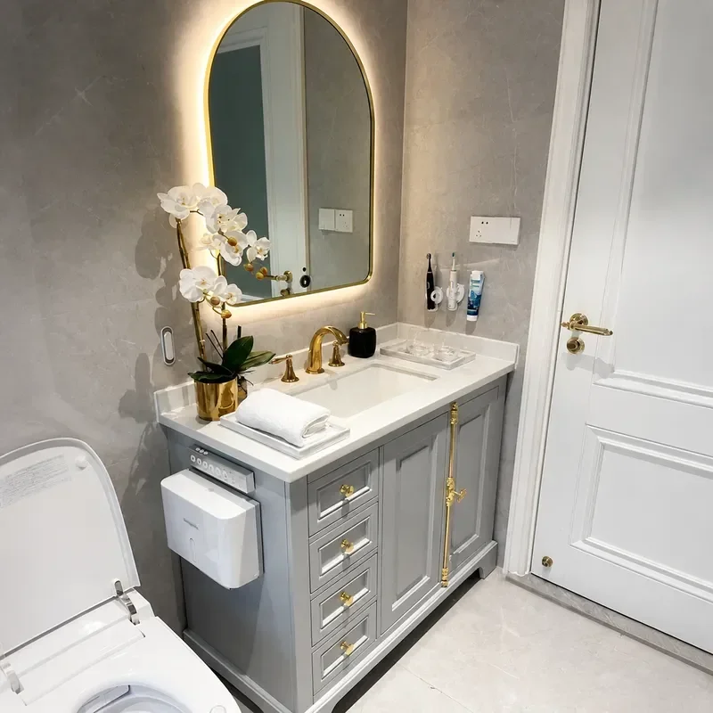 French Style Bathroom Cabinet with American Wash Basin Rock Slab Oak Ceramic Integrated Sink Floor Standing Vanity Unit