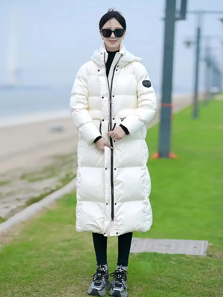 

Модное высококачественное белое пуховое пальто для женщин, длинное, с капюшоном, воротником-стойкой, зимнее, новинка, элегантное и стильное