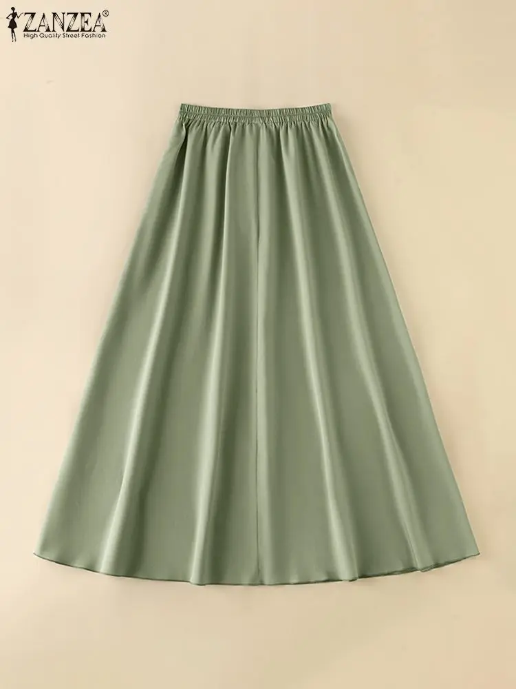 ZANZEA Women Solid Maxi Skirt Casual Loose Swing Overskirts Fashion Pleating Ruffled Jupes 2024 Summer High Elastic Waist Faldas