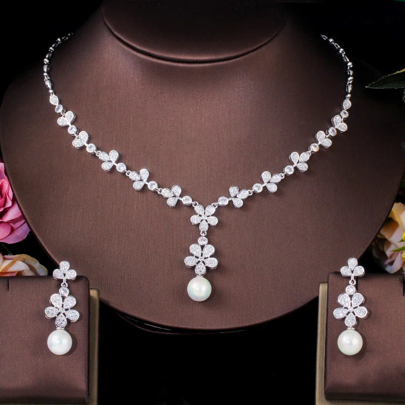 

ThreeGraces Sparkling Cubic Zirconia Silver Color Long Pearl Drop Earrings Necklace Bridal Wedding Jewelry Set for Women TZ913