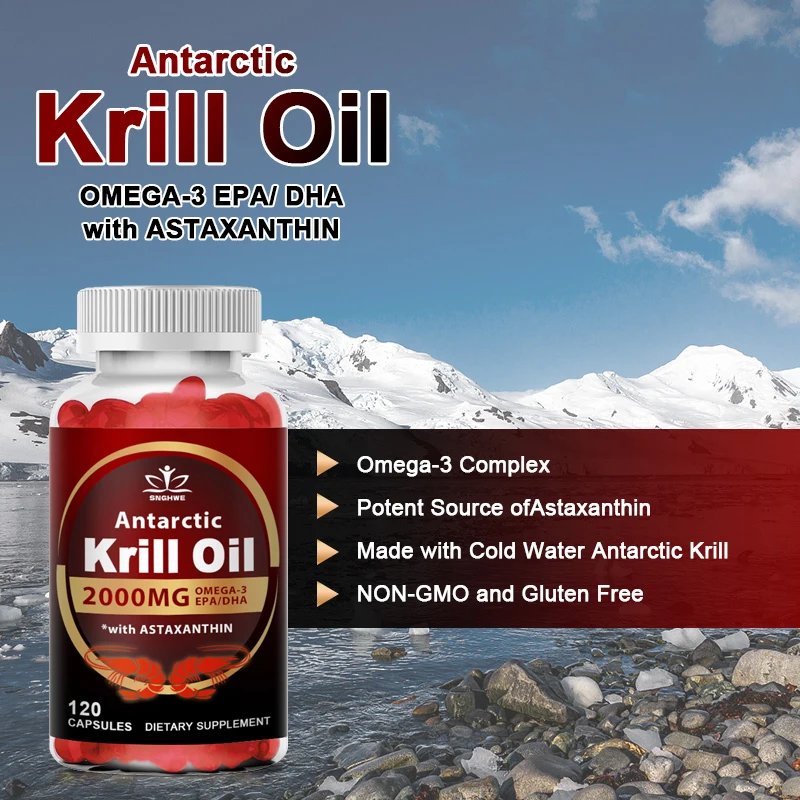 Aceite de Krill de 2000Mg, fosfolípido Omega-3 EPA y DHA, astaxantina para articulaciones, cerebro, inmunidad y dieta de soporte cardíaco