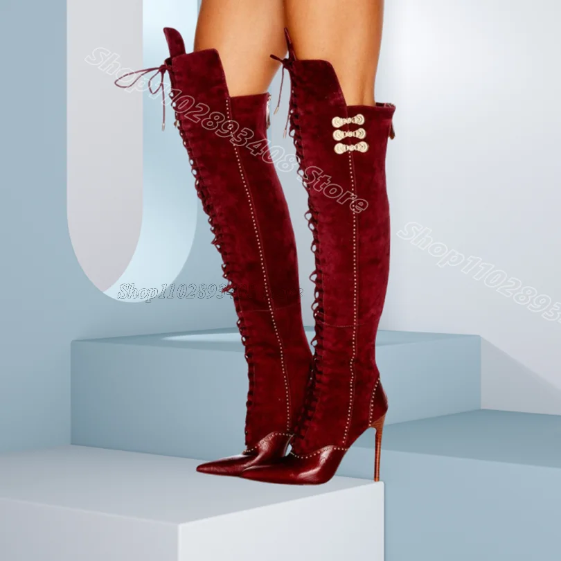 

Red Splicing Flock Stiletto Boots Stylish Side Zipper Stiletto Lace up British Style Women Casual Boots 2025 Zapatos Para Mujere