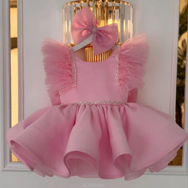 2025 Wed Dress New Flower Girl Satin Princess Dresses Clothes Matching Kids Pageant Piano Recital Tutu Gown Children Costume