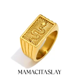 MamacitaSlay Vintage 316L Stainless Steel Square Snake Ray Pattern Rings 18K Gold Plated Waterproof Jewelry Woman Luxury Jewelry
