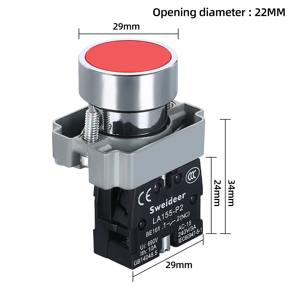 Interruptor de botão momentâneo do poder, auto-restauração, cabeça redonda lisa pequena de XB2, 22mm, XB2-BA42, XB2-BA31, XB2-BA51, 10A, NC, NÃO, NÃO