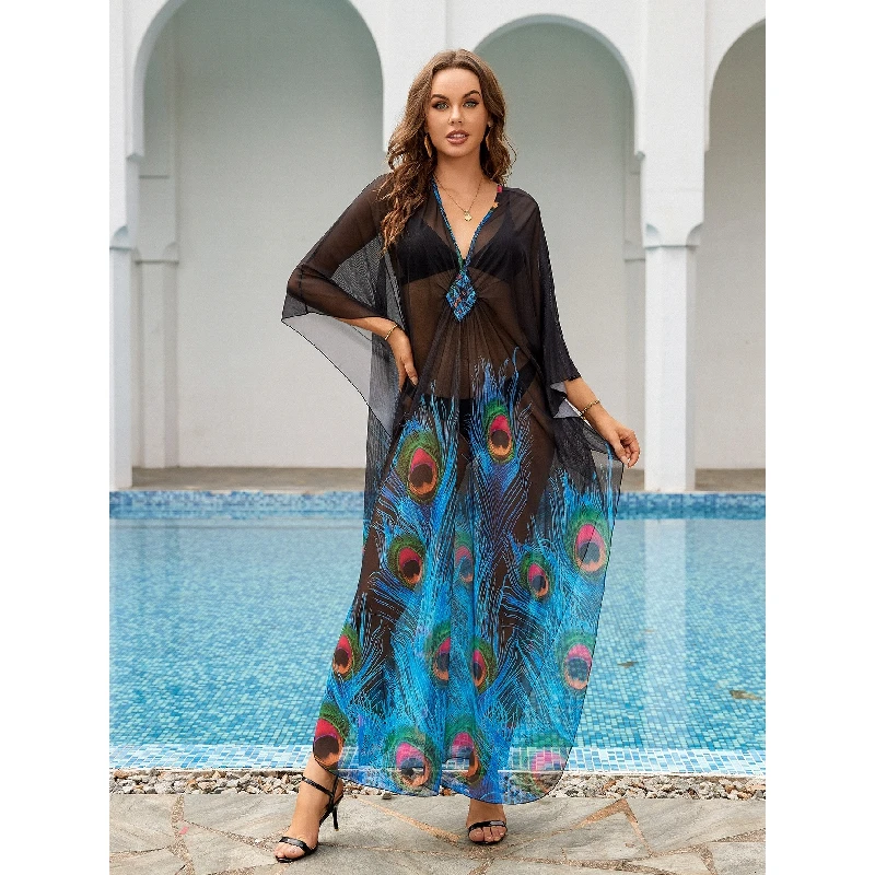 Robe de plage en maille à fleurs pour femmes, cover-up sexy pour maillots de bain, kaftan transparent pour les vacances, offre spéciale, livraison directe