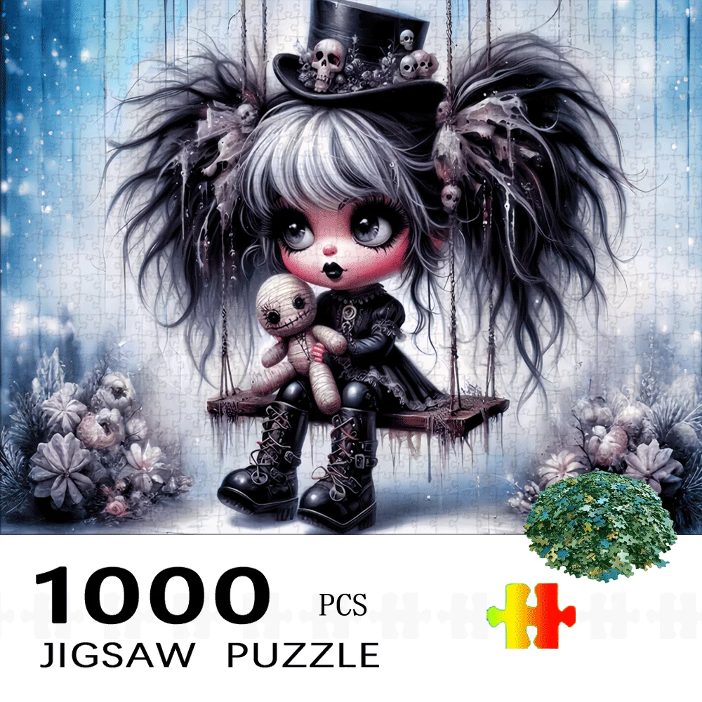 1000 Stück Gothic Swinging Girl Puzzle |   Viktorianische Totenköpfe und Blumenkunst, große Puzzle-Challenge für Erwachsene und Familien, Home De