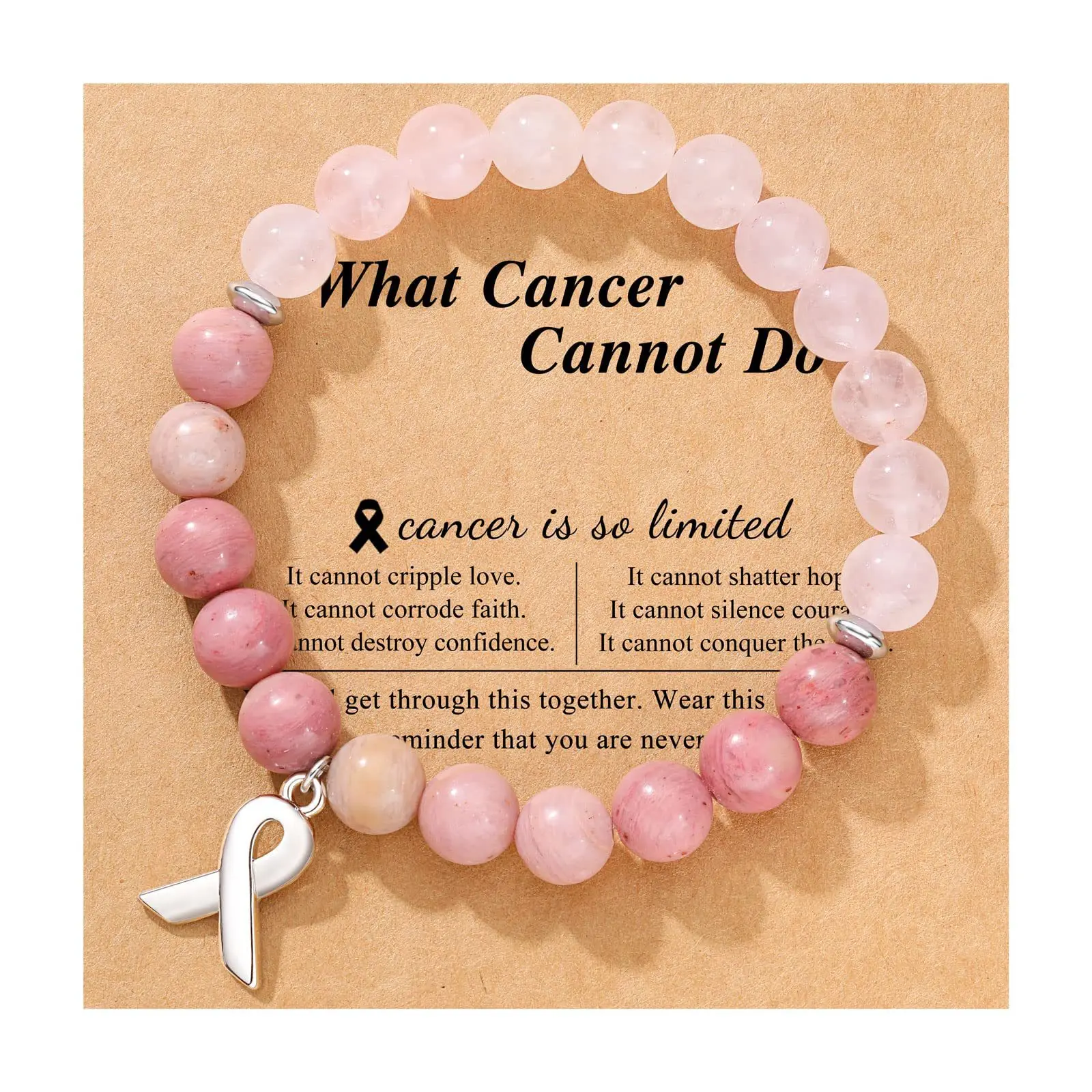 Breast Cancer Awareness Natural Stones Crystal Bracelet with Message Card Valentine\'s Day Jewellery Gifts Rose Quartz - Pink