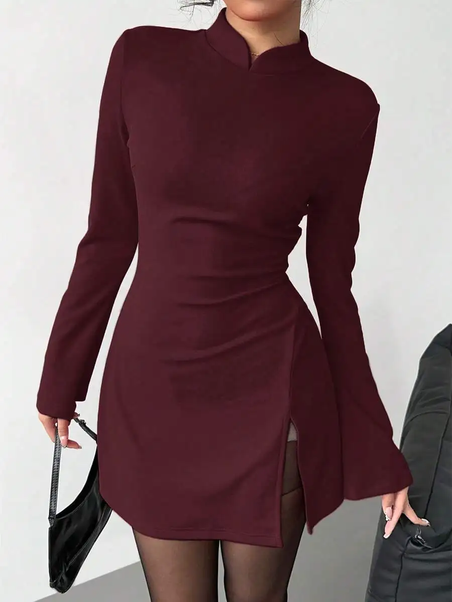 Vestido Mini Elegante Color Borgoña, Corte A, Manga Campana, para Mujer, Estilo Vintage, Cuello Alto, para Salir de Noche, Día de San Valentín