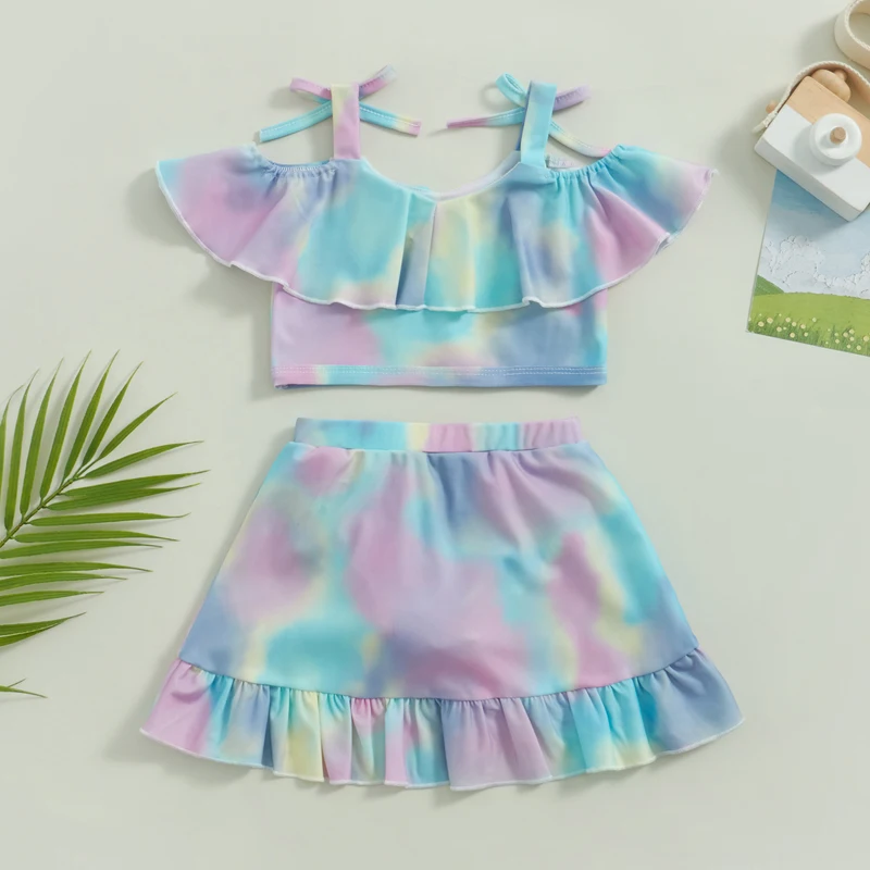 Yiiciovy Summer Lovely Kids Baby Girls 2pcs Bikini Sets Swimsuits Tie-dye Print Sleeveless Camisole+ Ruffles Beach Skirt Sets