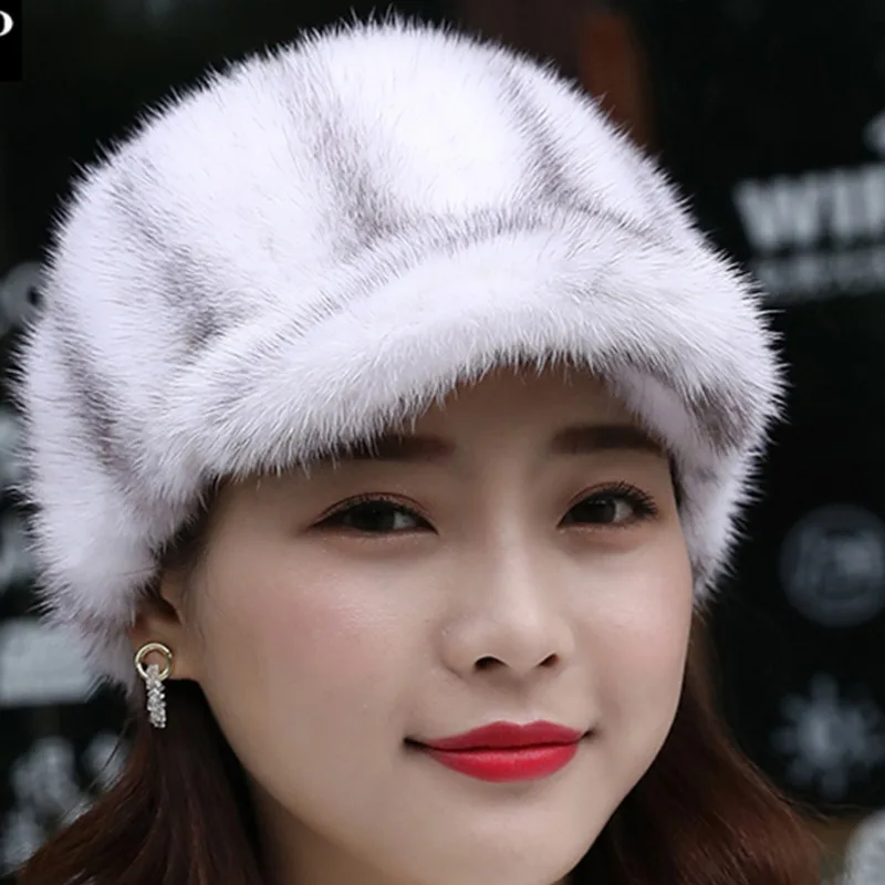 Real Mink Fur Hat  For Women Thick Warm Russian Cap Adult Fashion Warm Winter Baseball Cap Natural Min Fur Hat Gray Fur Hat