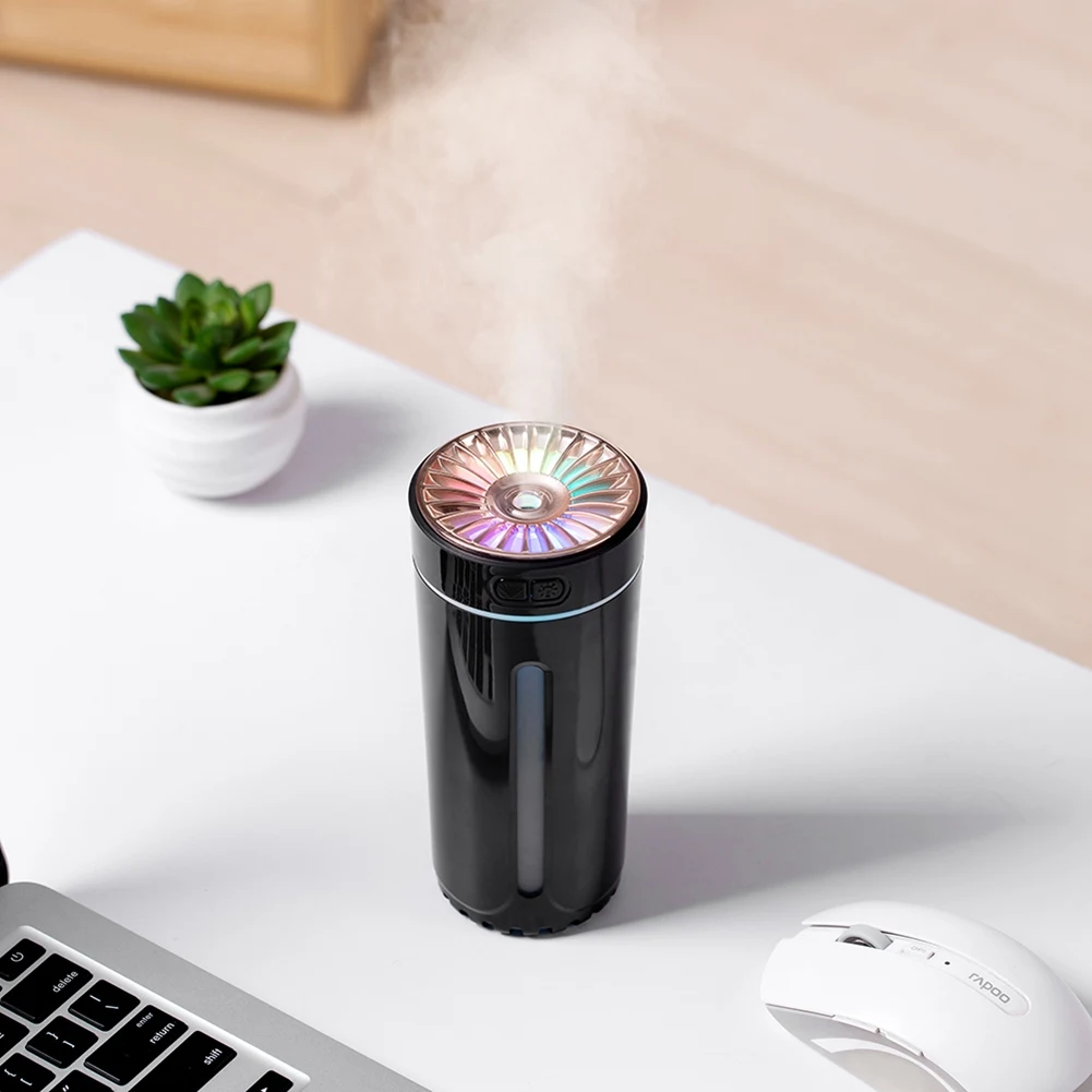 Wireless Air Humidifier Colorful Lights Mute USB Fogger Purifier 800MAh Rechargeable Cool Mist Maker for Car Black