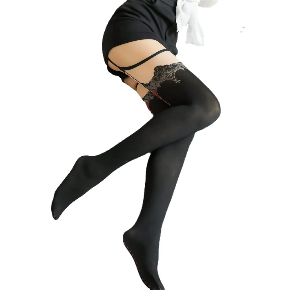 Sexy Black Garter Socks Women Open Crotch Thigh-high Silk Stockings Female Suspender Garter Belt Long Socks Red Line Pantyhose