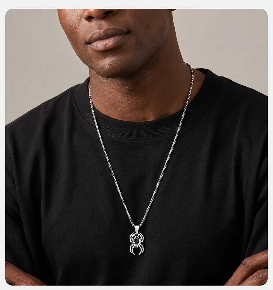 Vnox Spinnen-Anhänger Halskette für Männer, Edelstahl mit natürlichem schwarzem Achatstein, Tier-Halskette, Punk-Gothic-Schmuck Geschenk – Detail 2