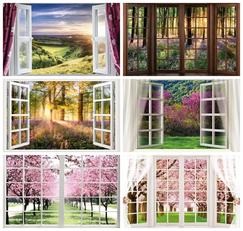 

Laeacco Spring Window Scenery Photography Backdrop White Windowsill Floral Green Forest Natural Kids Family Portrait Background