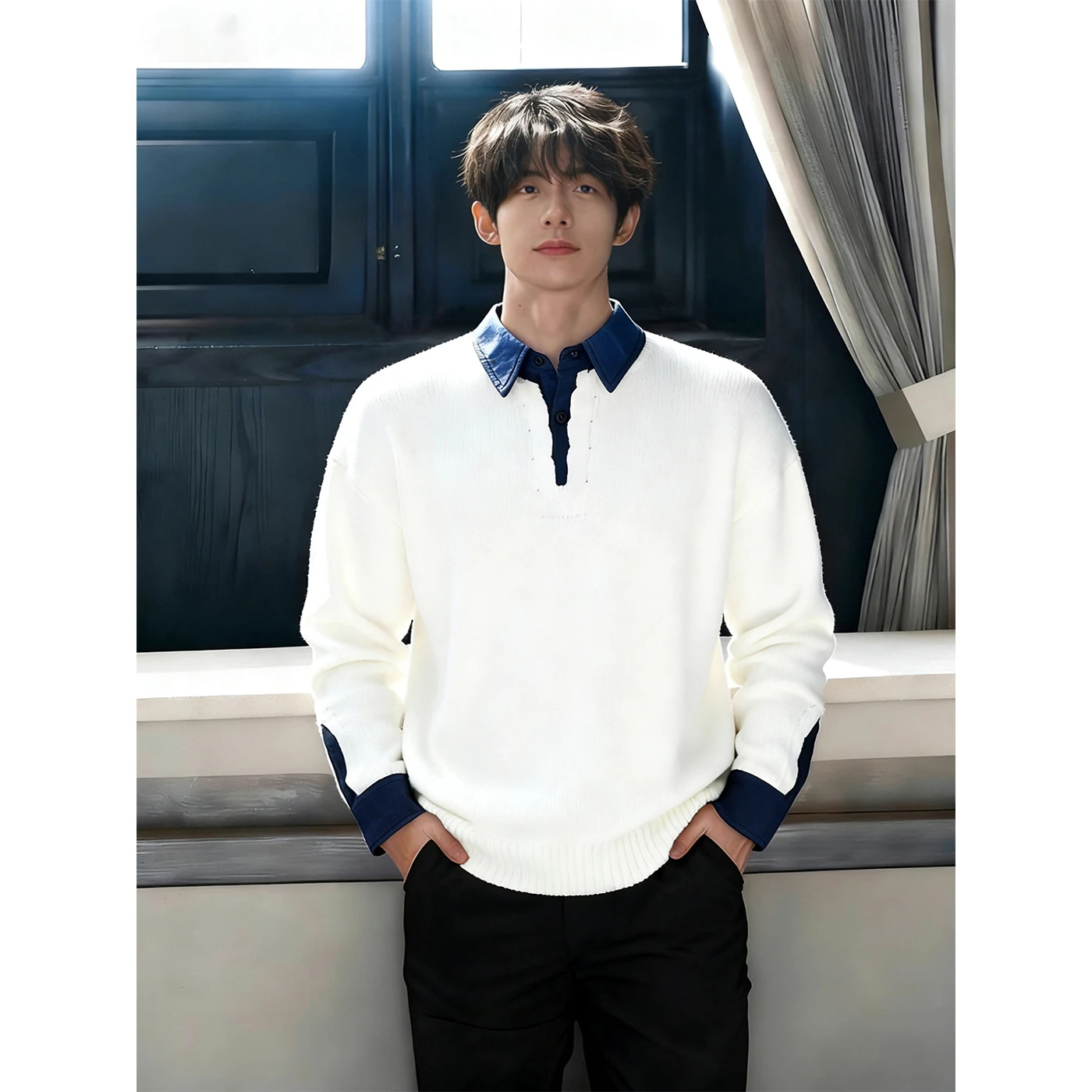 

Мужской утепленный свободный вязаный свитер с имитацией двухслойности и воротником-рубашкой, осенне-зимний, теплый, в американском стиле, с длинными рукавами