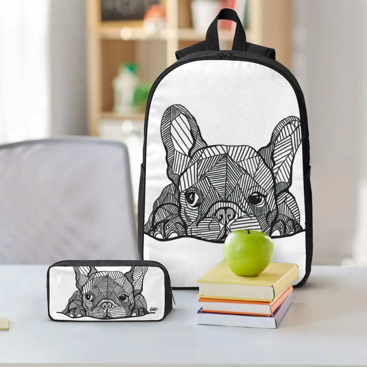 French Bulldog Puppy Backpack Student BookBag School Bag Shoulder Bags 3ps Insulated Lunch Bag Pencil Case