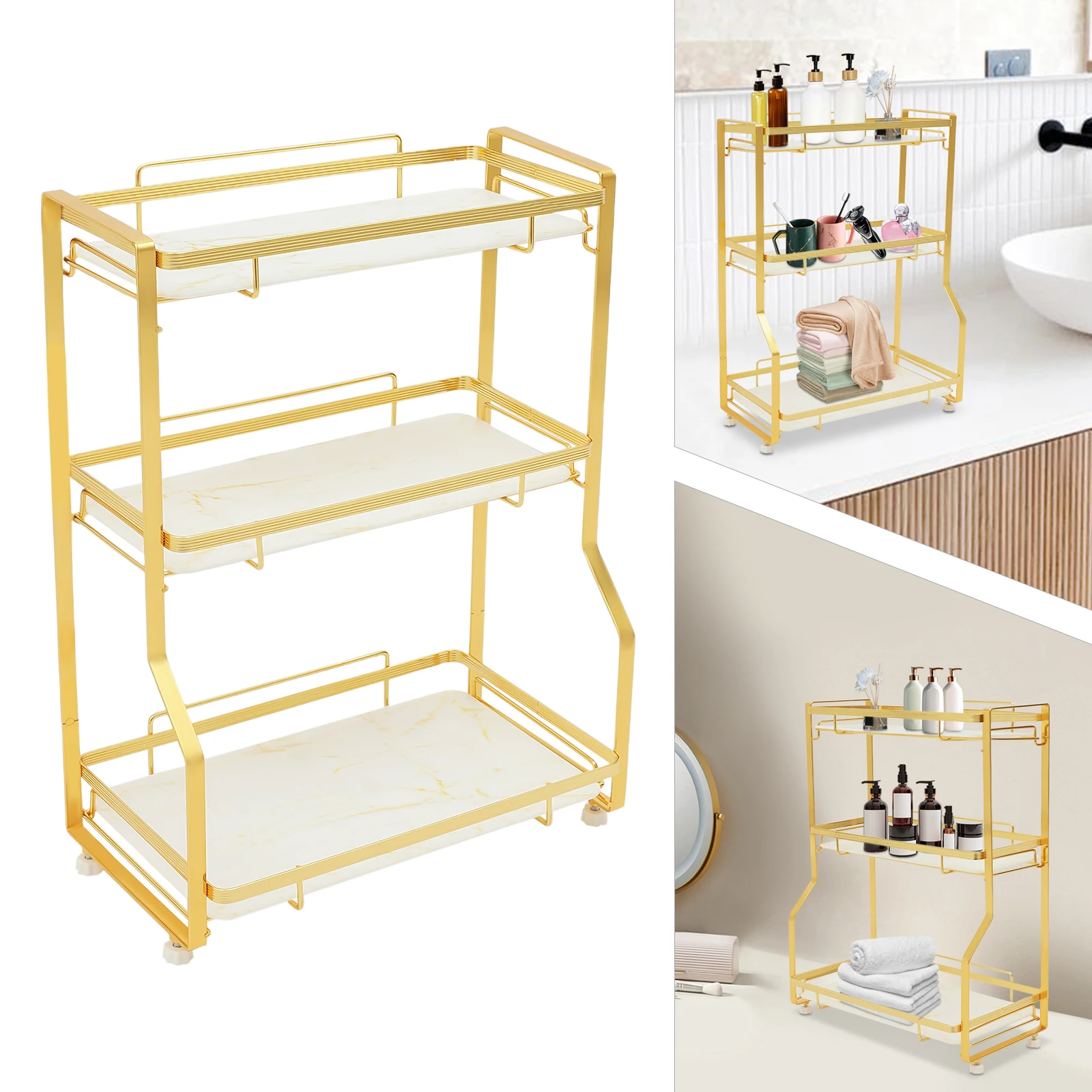 3 Tier Bathroom Countertop Organizer, Gold Bathroom Vanity Counter Organizer w/ Small Storage Basket for Skincare Makeup Perfume