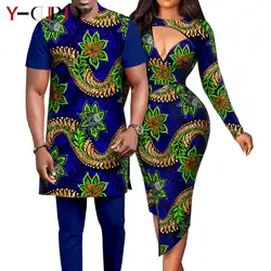 Roupa De Combinar Africano para Casais Dashiki Sexy Mulheres Slim Print Vestidos Bazin Riche Homens Patchwork Top e Pant Sets Y23C043