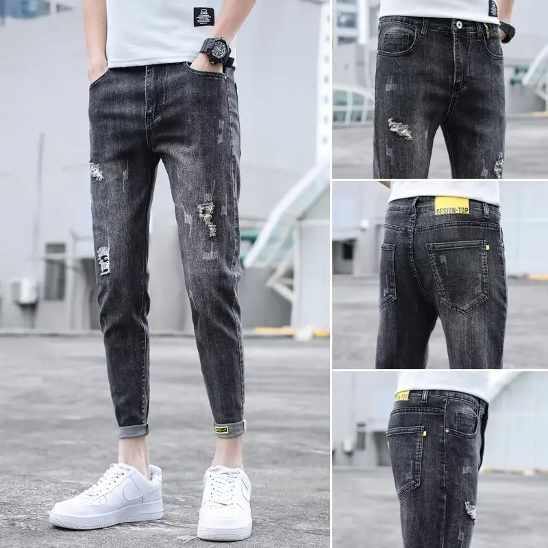 

Men's Trendy Ripped Jeans Spring 2025 Casual Slim Fit Straight Leg Long Pants Business Casual mid Waist Nine Points Jeans