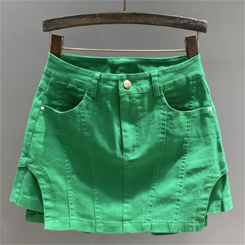 

Green high waist holiday denim cotton skirt women summer new fashion design a line mini skirt юбка прямая короткая