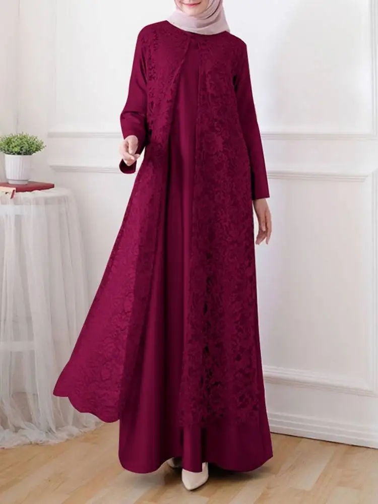 ZANZEA Women Elegant Lace Overlay Satin Dress Muslim Fashion Islamia Hijab O Neck Long Sleeve Abaya Robe Luxurious Long Vestidos