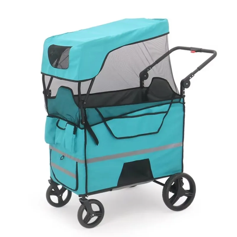 Outdoor camping multifunctional metal stroller mosquito net cover foldable double top sunshade sunscreen small trailer