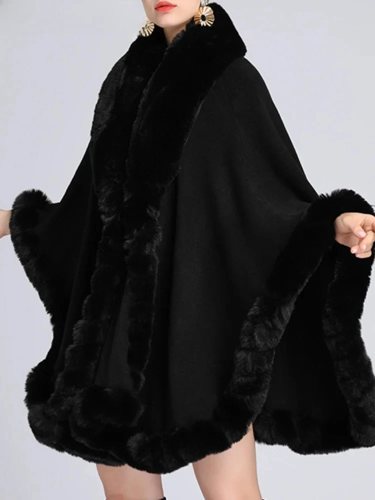 Women Fur Ponchos Coat Cardigan Elegant Casual Fur Collar Shawl Cloak Woolen Coat Oversize Batwing Sleeve Tassel Korean Fashion