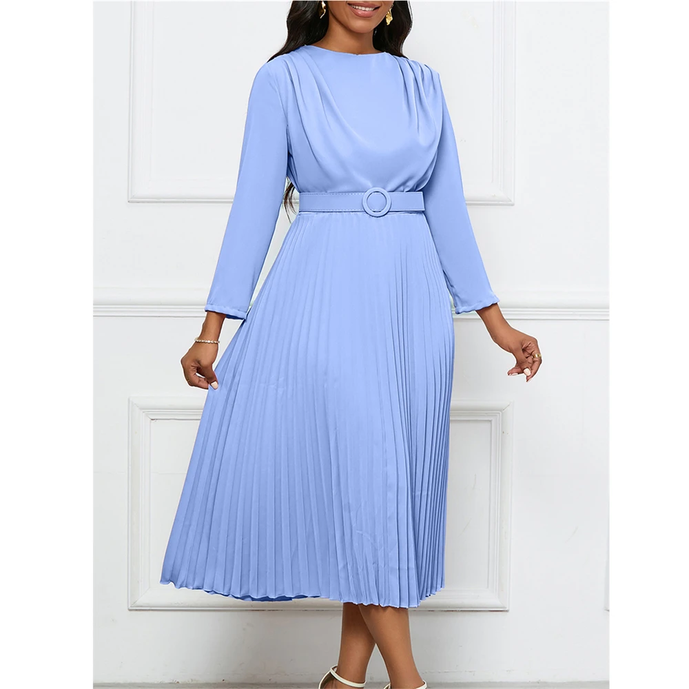 Spring Summer Midi Pleated Dress Long Sleeve Office Lady Africa Sashes Women High Waist OL Style Elegant Dresses Vestidos Gown