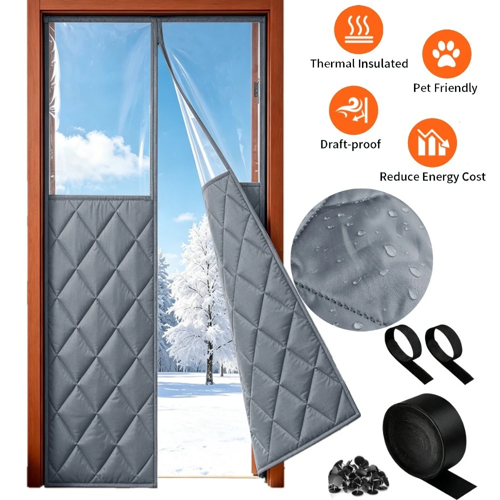 Magnetic Door Curtain Winter Warm Windproof Summer Thermal Insulated Thickened Cotton Cover with Clear Window Self-Closing Block