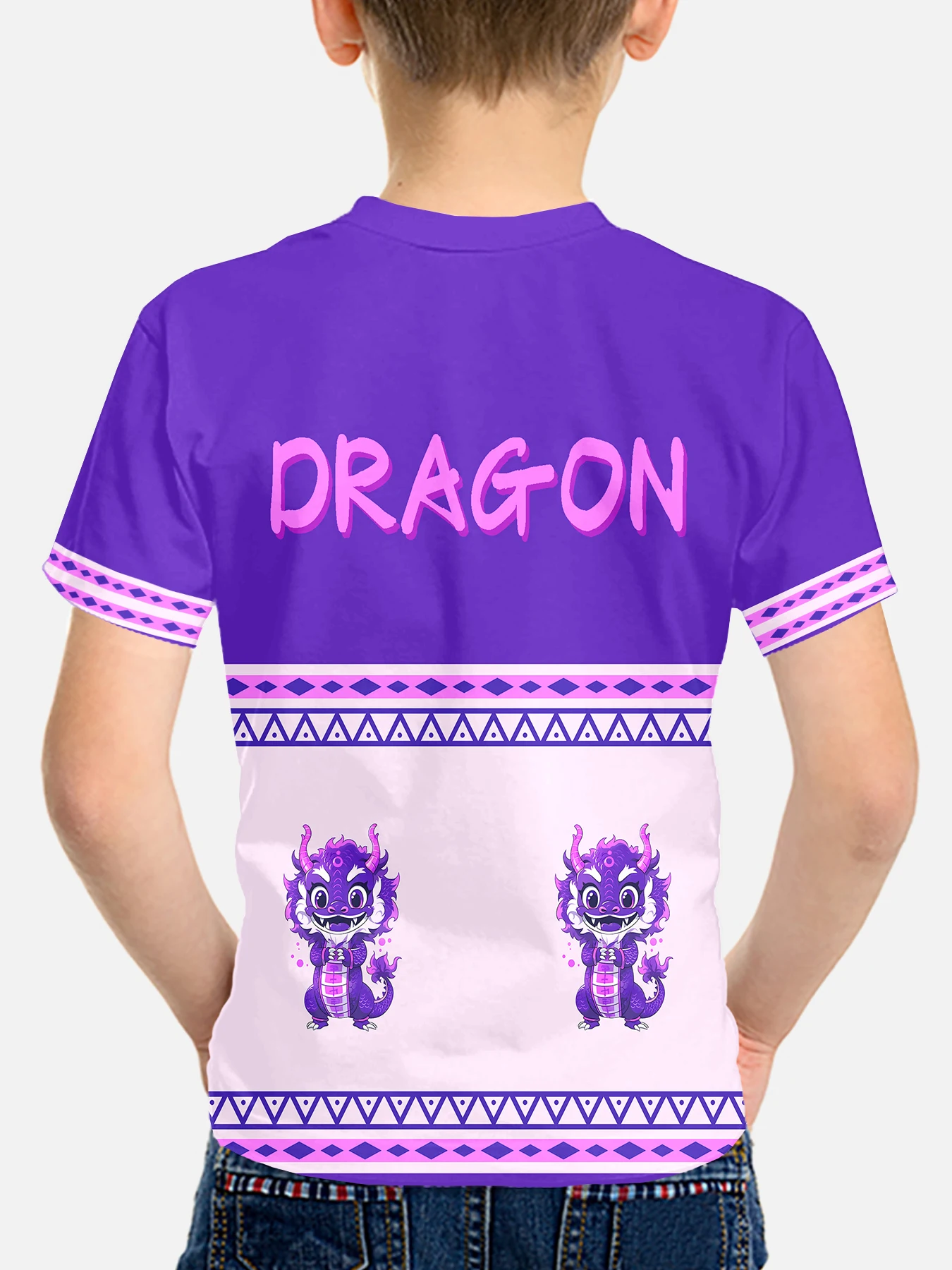Boys'Purple Dragon King summer round neck short sleeved T-shirt, casual lightweight and comfortable top, 3D printed