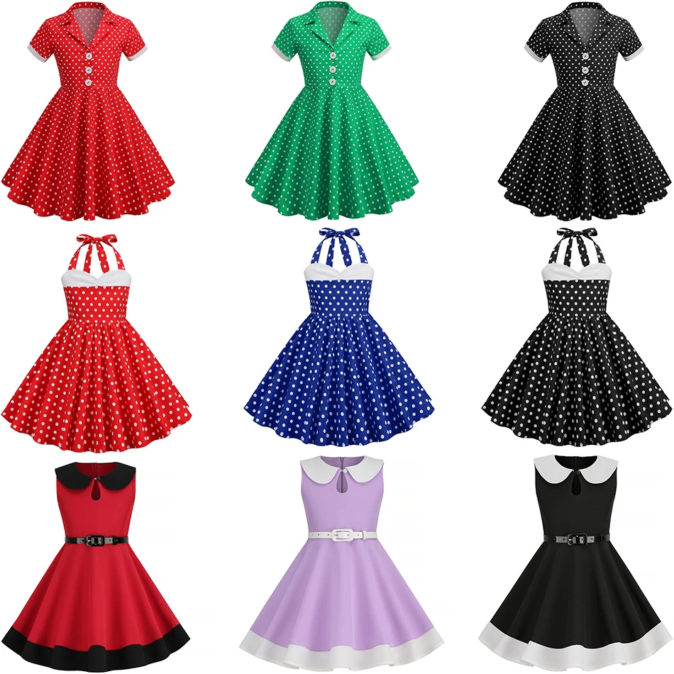 Kids Vintage Swing Belt Rockabilly Prom Party Dresses Baby Doll Neck European American Girls Retro Princess Dress Children Skirt