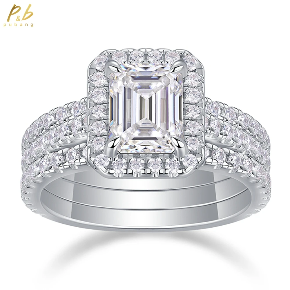 

PuBang Fine Jewelry 925 Sterling Silver 3EX VVS1 D Emerald Cut 6*8 MM Real Moissanite Diamond Gems Engagement Ring 3 Pcs GRA