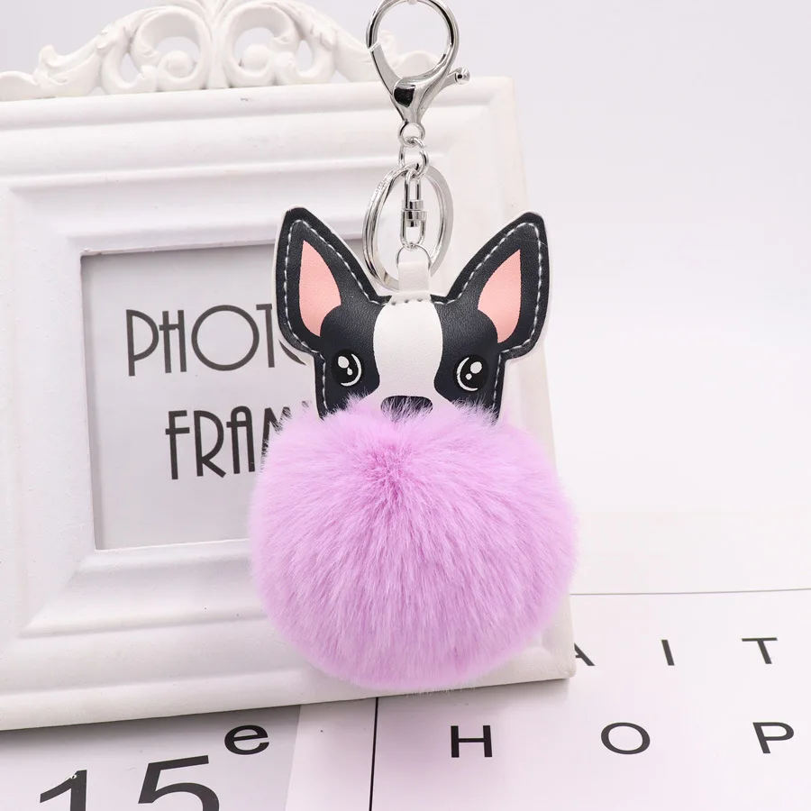 PU Leather French Bulldog Keychain Creative Cute Little Dog Pompom Animal Pendant for Women Bag Car Key Chain