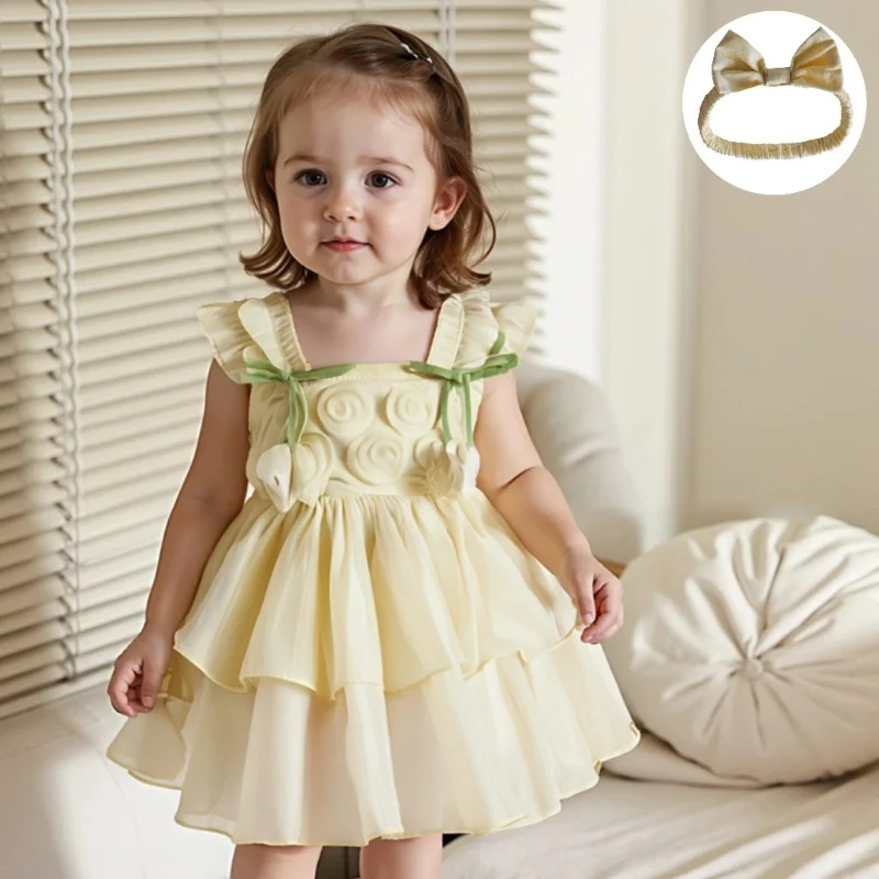 女の赤ちゃんクロール服サスペンダーカバーオールドレス花装飾プリンセスハロウィン子供の結婚式のパーティードレス誕生日