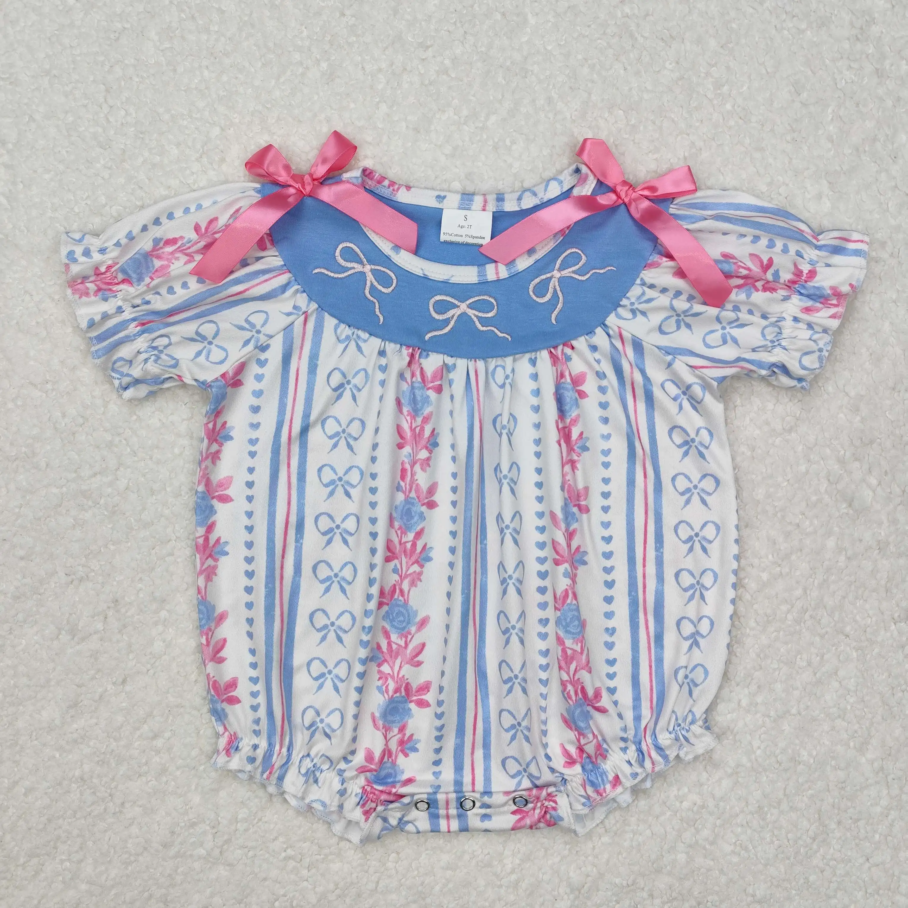 Wholesale Baby Girl Summer Short Sleeves Embroidery Bows Smocked Jumpsuit Kids Children Toddler One-piece Newborn Blue Romper