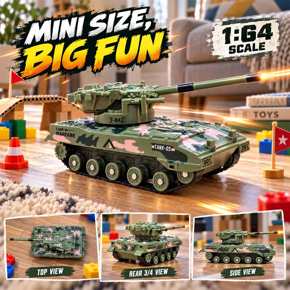 2.4GHz RC Tank 1:64 Mini Military Tank Toy, Die-Cast Body with Cool Light Show, Dual Control Mode, Small Size Big Fun, Kids Gift